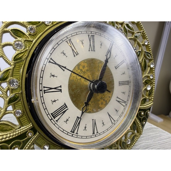 Vintage Enameled Green Tabletop Clock With Gemstones Quartz Works - Picture 3 of 15